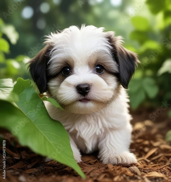 Fototapeta Adorable Havanese puppy peeking out from behind a leaf, peeky, playful, cute