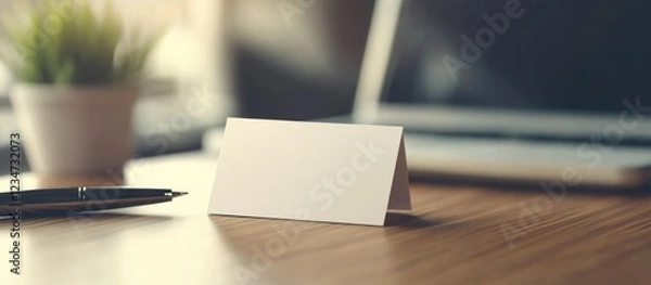 Fototapeta Blank business card on wooden desk with plant and laptop in background Copy Space