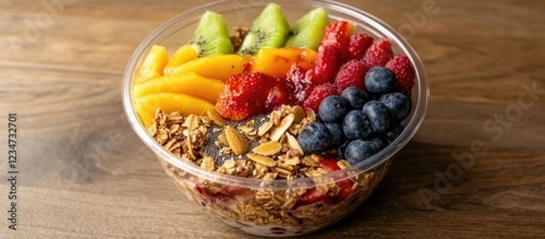 Fototapeta Colorful fruit and granola bowl with mixed berries peaches and kiwi on wooden table Copy Space