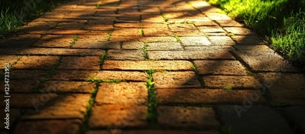 Obraz Brick pathway with green grass edges illuminated by sunlight and casting shadows, textured surface with cobblestone patterns, Copy Space