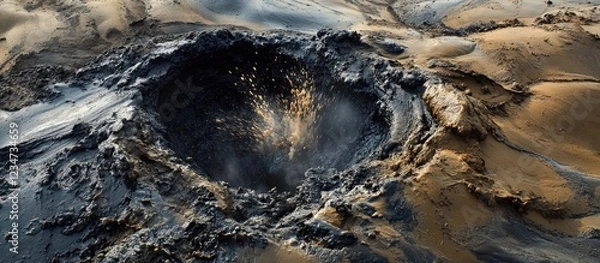 Obraz Volcanic eruption creating a large crater with ash and debris surrounded by earthy textures Copy Space