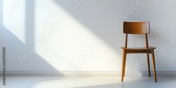 Fototapeta Wooden chair positioned against a bright minimalist wall with sunlight casting shadows and ample Copy Space for text placement