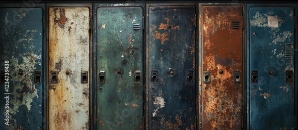 Fototapeta Rusty vintage metal lockers in various colors with peeling paint and aged texture Copy Space