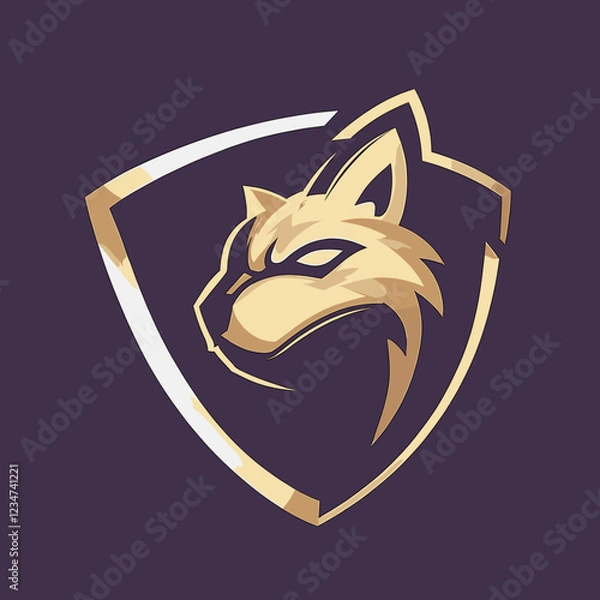Fototapeta A powerful and sleek wolf head logo enclosed within a bold shield design