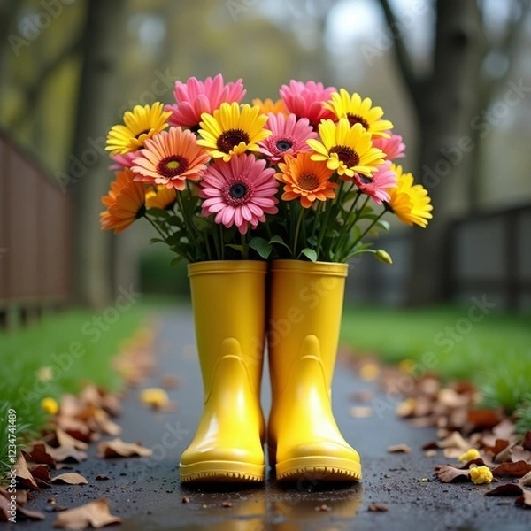 Obraz Colorful flowers in a pair of yellow rain boots on a wet path
