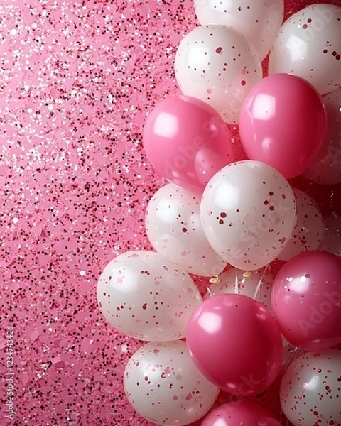 Fototapeta Greeting pink balloons and confetti on background with copy space