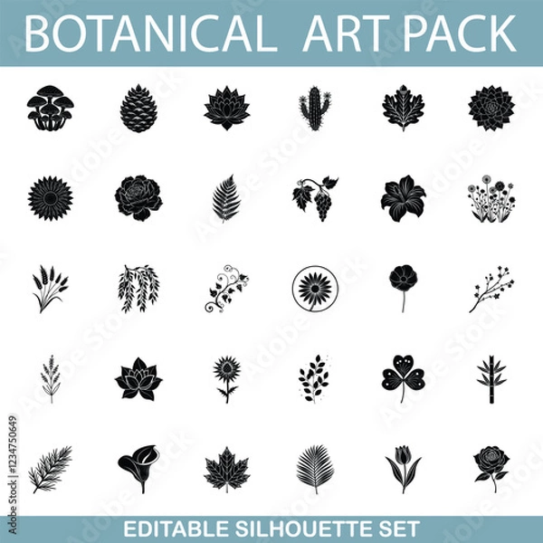 Obraz Botanical Art Pack Editable Silhouette Set of Flowers, Plants, and Fungi