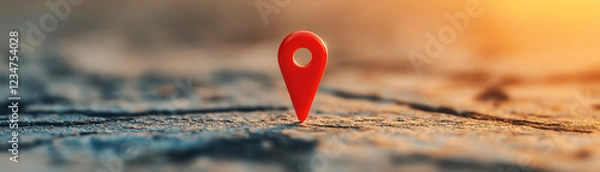 Obraz Close-up of red location pin on map surface, symbolizing navigation and travel, blurred background.