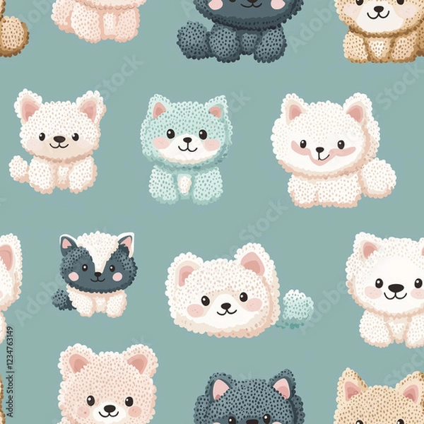 Fototapeta A colorful, playful pattern featuring adorable, fluffy cartoon cats in various shades on a soothing teal background.
