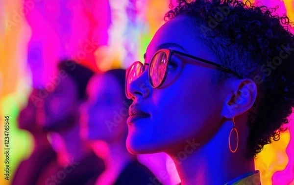 Fototapeta A thoughtful individual gazes upward, surrounded by vibrant neon colors and abstract shapes, creating a captivating, dreamlike atmosphere.