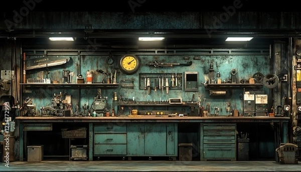 Fototapeta Industrial workshop with a worn, rustic atmosphere, tools arranged on shelves, vintage equipment, weathered metal and wood textures, dramatic lighting, highdefinition clarity