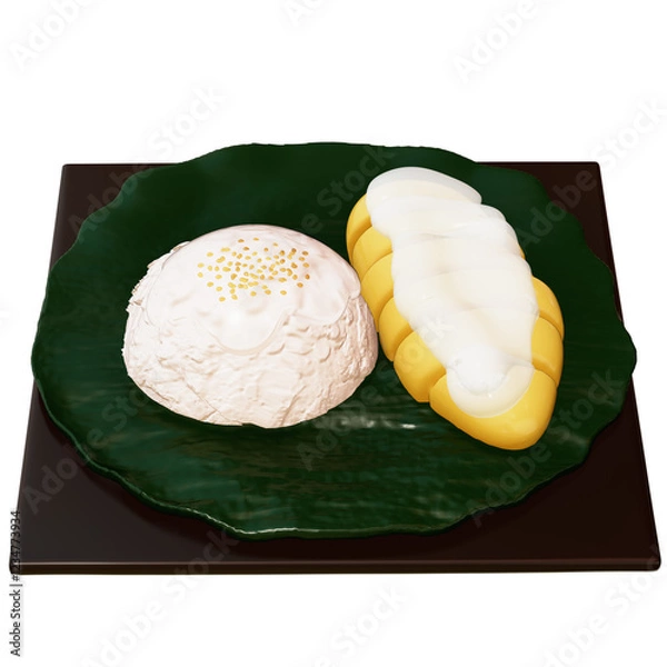 Fototapeta Thai Dessert , sweet sticky rice with mango On transparent background , 3D Rendering