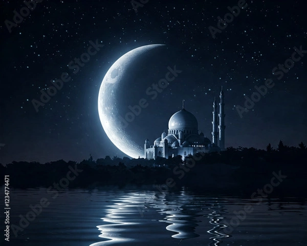Fototapeta Ramadan Crescent Moon and Mosque Reflection on Water