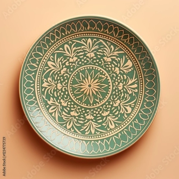 Fototapeta Decorative Moroccan ceramic hand painted plate, handmade, isolated, closeup top view.