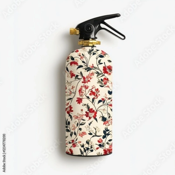 Fototapeta A decorative fire extinguisher with a floral pattern on a cream-colored background, featuring a black nozzle and handle. Stylish and functional for fire safety.