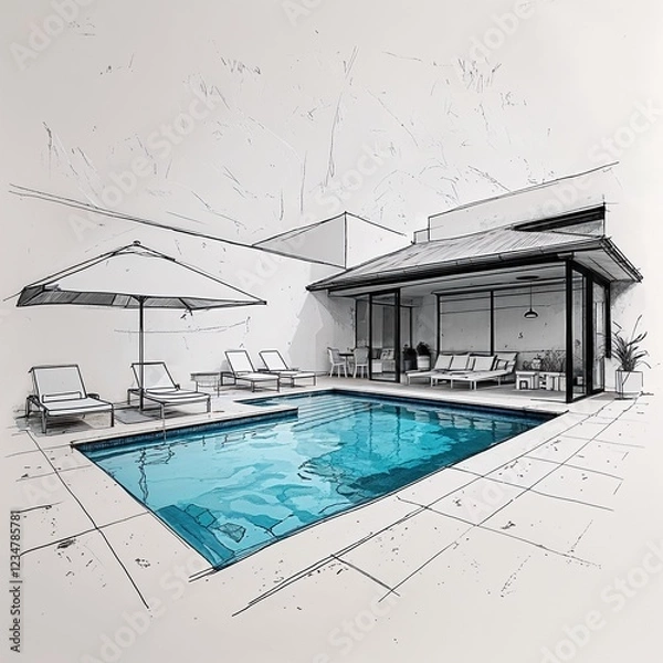 Obraz Pool lounge area art black and white flat design simple line hand drawing on plain white background