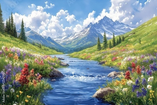 Fototapeta Vibrant Wildflower Meadow And Blue River With Majestic Mountain Range