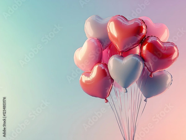 Fototapeta Floating red and pink heart balloons on a soft pastel gradient background