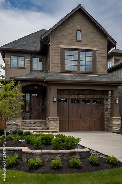 Obraz Luxury Brown Stone House Exterior: Modern Home Architecture and Landscaping Design