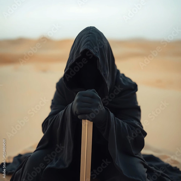 Obraz Mysterious figure in a desert holding a sword.

