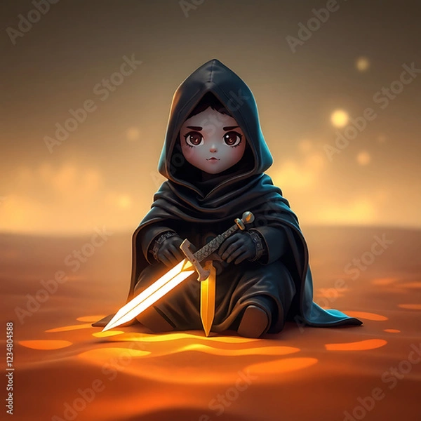 Obraz A cute character in a hood holds a sword.

