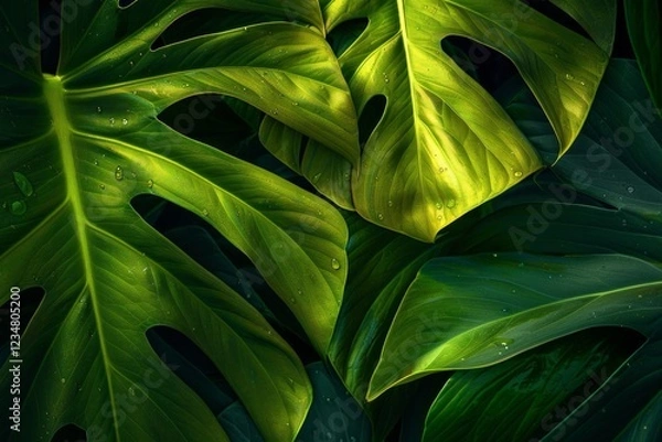 Fototapeta Monstera plant tropical green leaves greenery background. Neural network ai generated