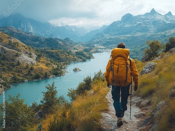 Obraz Person with large backpack hiking on mountain path with scenic river valley view