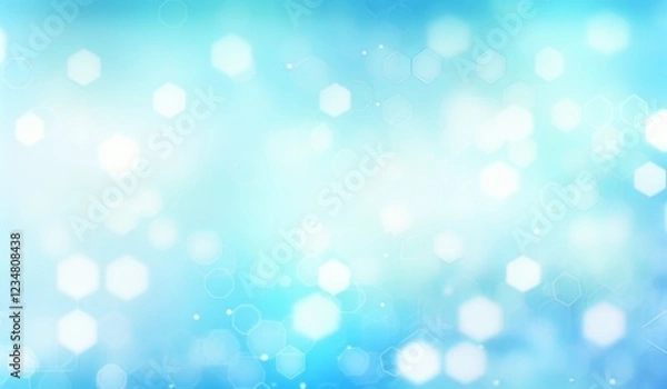 Fototapeta Light blue background with hexagons and white bokeh effect, soft gradient at the bottom edge, pale yellow accents