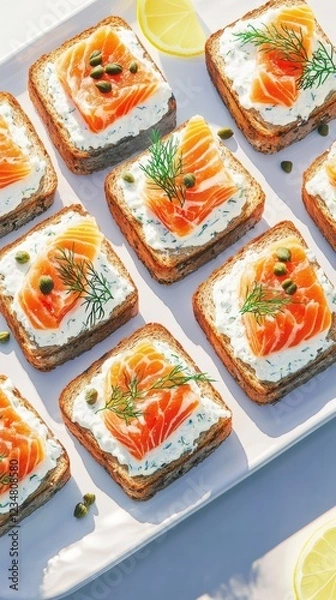 Fototapeta Gourmet open faced salmon sandwiches with cream cheese, capers, dill on rye, served alongside bright lemon wedges on crisp white platter