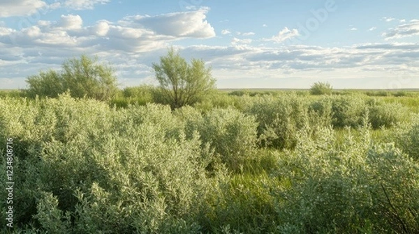 Fototapeta Scenic landscape with green shrubs and a vast open field under a cloudy sky