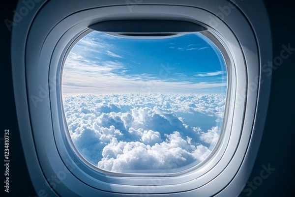 Fototapeta Views of fluffy clouds and a blue sky from an airplane window at cruising altitude on a sunny day