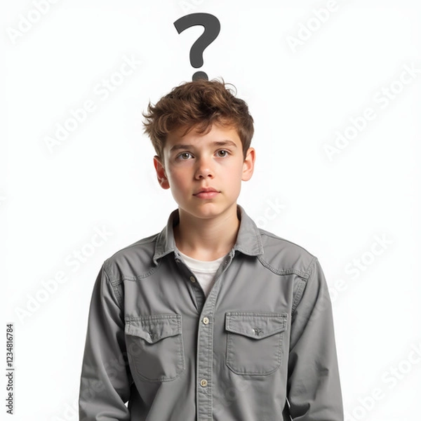 Fototapeta Un adolescente que tiene muchas preguntas.Un niño con un signo de interrogación.