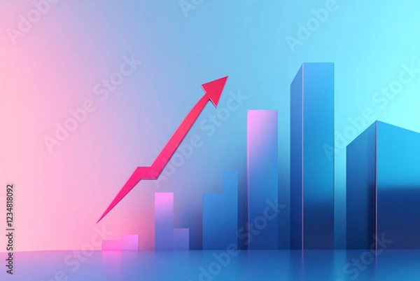 Fototapeta A 3D illustration of a rising pink arrow and vertical blue bars on a gradient background, symbolizing growth, progress, and success in business or finance