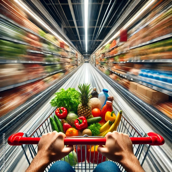 Obraz High-Speed Grocery Shopping: A First-Person Rush Through the Aisles