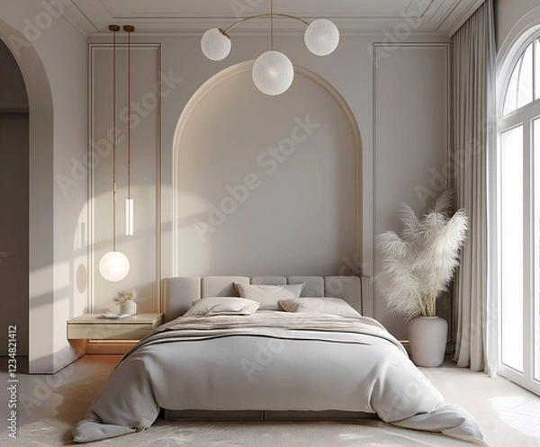 Fototapeta Aesthetic elegant minimalist modern interior design. Clear mock up empty wall for decoration in the apartment. Copy space in the room.