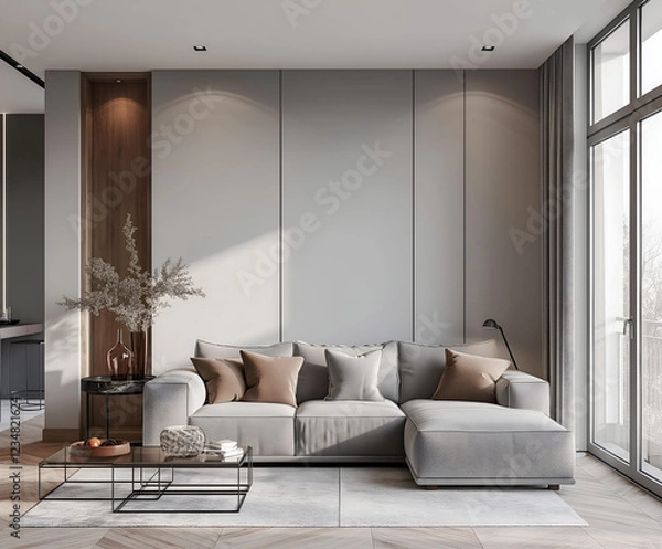 Fototapeta Aesthetic elegant minimalist modern interior design. Clear mock up empty wall for decoration in the apartment. Copy space in the room.