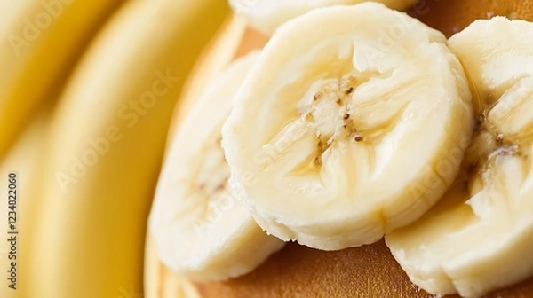 Fototapeta Sliced bananas on pancakes, breakfast close up, background