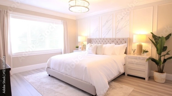 Fototapeta Bright and airy bedroom featuring a plush bed, elegant decor, and a serene window view