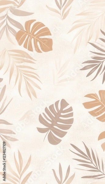 Fototapeta Neutral-toned tropical leaves on a textured background.  A calming, minimalist design.