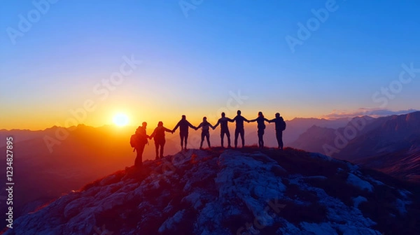 Fototapeta A group of hikers stand on a mountain peak with their arms linked together as the sun sets, creating a silhouette against the vibrant sky. The moment symbolizes unity, collaboration.