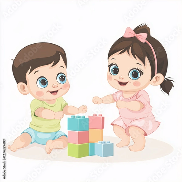 Fototapeta vector illustration of a cute baby boy and girl playing with building blocks ,