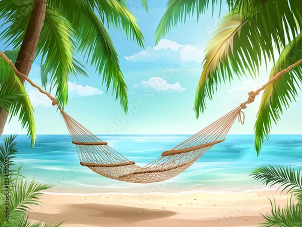 Fototapeta vector illustration of a tropical beach with clear water, a hammock tied to palm trees, and a gentle breeze,