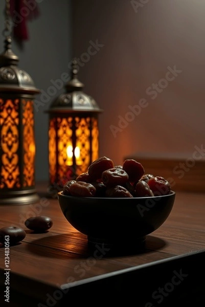 Fototapeta Dates in Bowl with Lit Lanterns Ramadan Islamic Festive Food