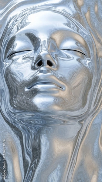 Fototapeta Abstract silver humanoid face with closed eyes in a smooth liquid metal texture