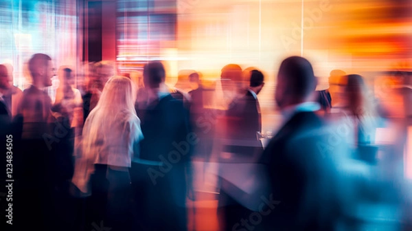 Fototapeta Blurred motion of people networking at a vibrant event, capturing the energy and atmosphere of a social gathering