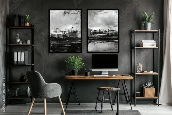 Fototapeta Abstract grayscale artwork in modern home office.