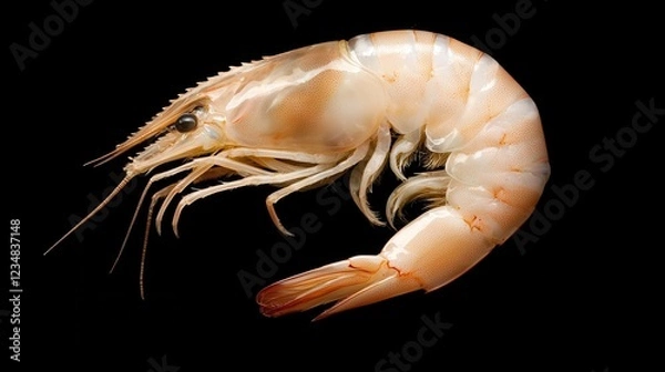Fototapeta A detailed close-up of a shrimp showcasing its pinkish hue and segmented body against a black background.