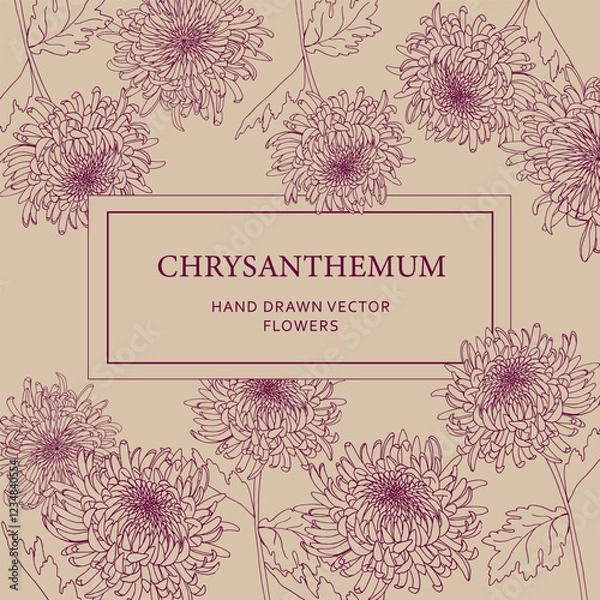 Fototapeta Elegant chrysanthemum floral pattern with hand-drawn vector flowers in burgundy on a beige background. Ideal for product labels, packaging, invitations, branding, stationery, and decorative designs
