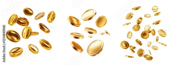 Fototapeta 3D realistic gold coins floating or flying isolated on white or transparent background