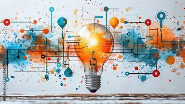 Obraz flat design, illustration, Brainstorm Battle Creative minds compete to solve an impossible problem. Illustration: Lightbulb moments, colorful flowcharts